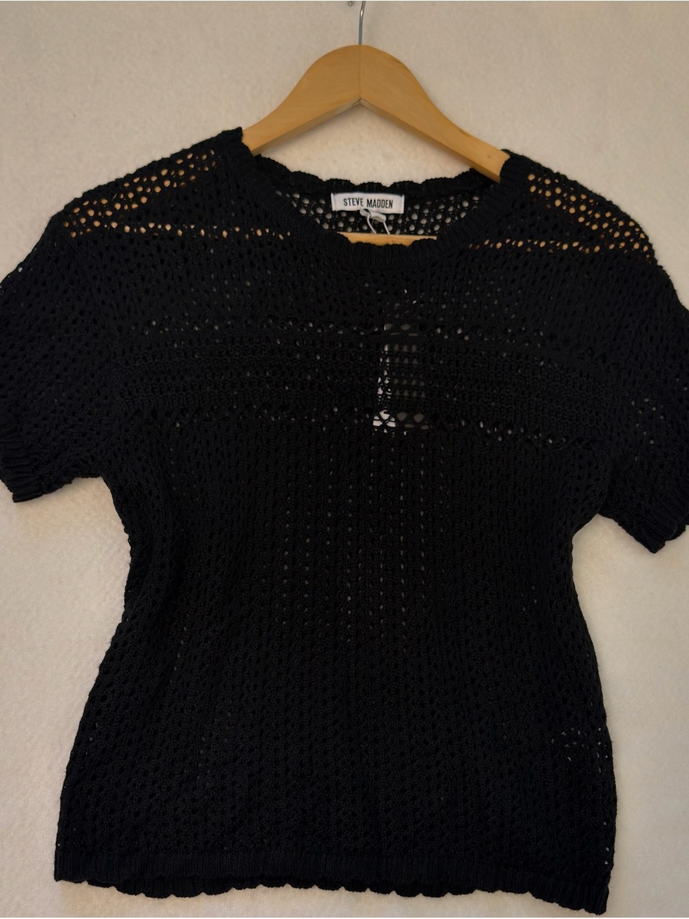 Steve Madden Black Crochet Short-Sleeve Knit Top